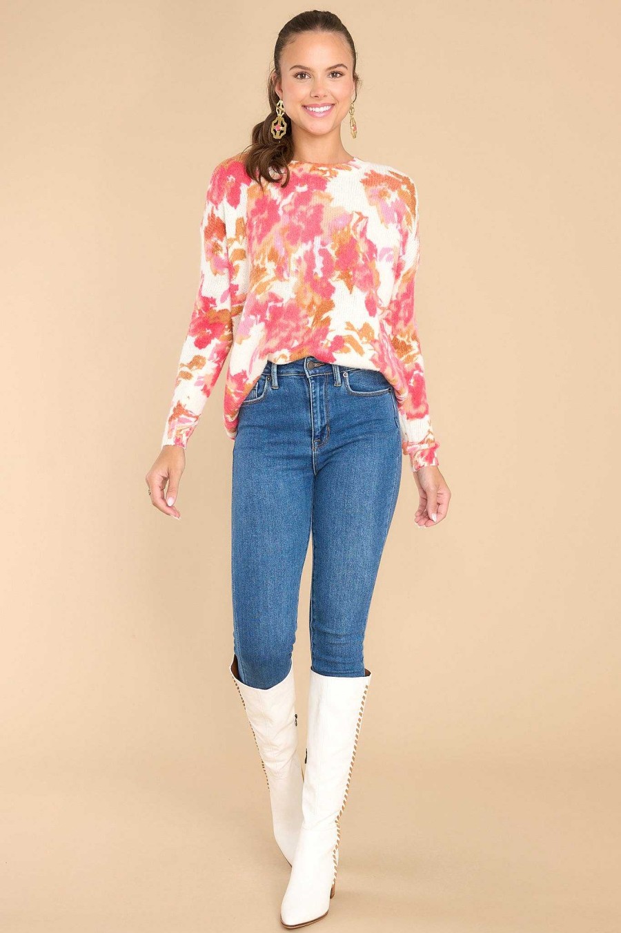 Clothing Red Dress Casual Tops | Bright Blooms Floral Sweater Ivory