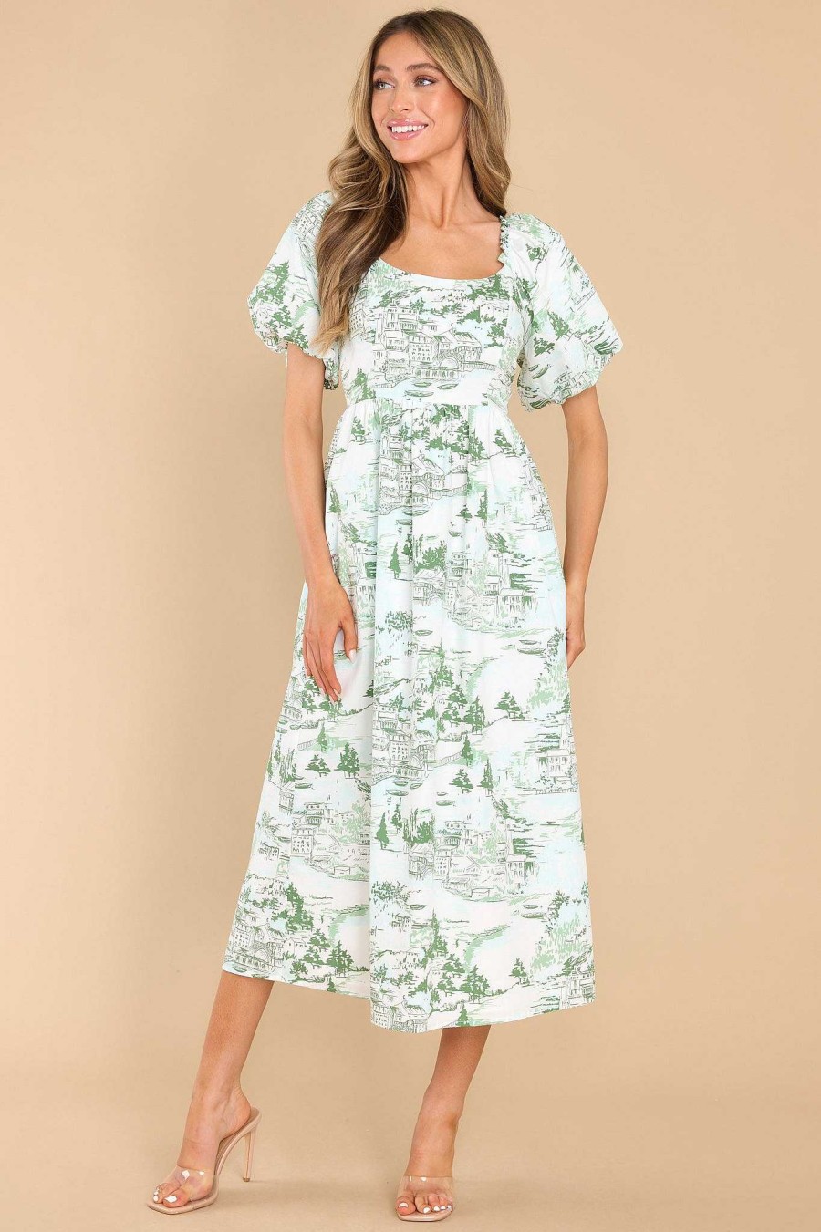 Clothing Red Dress Midi Dresses | Classically Inclined Print Midi Dress Green