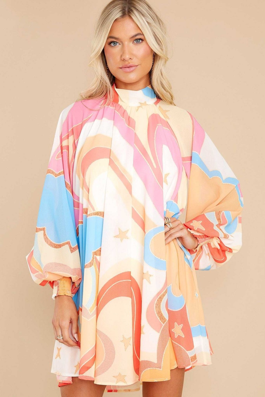 Clothing Aura Long Sleeve Dresses | Purely Reminiscing Multi Print Dress Pink