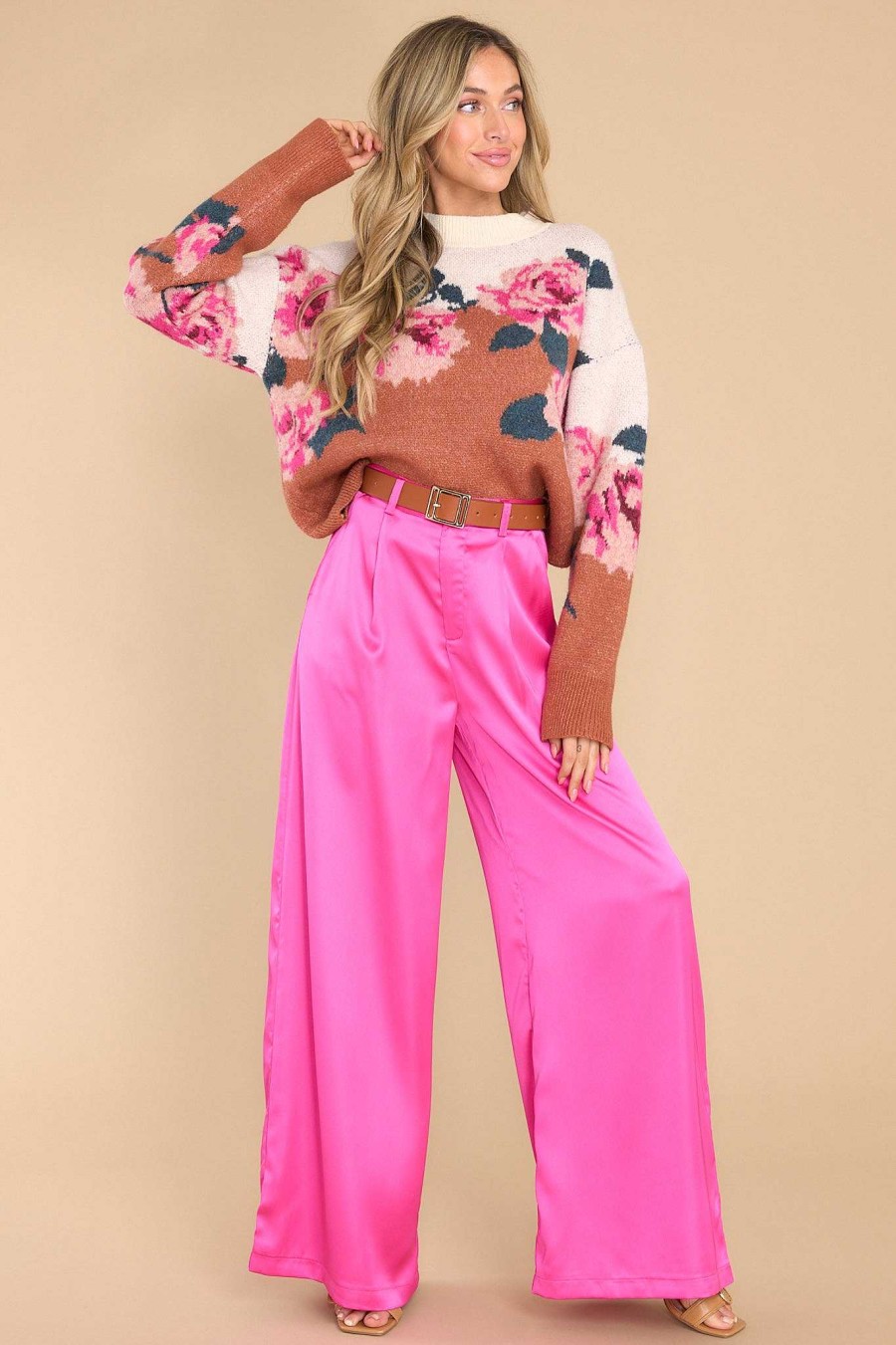 Clothing Red Dress Casual Tops | Bed Of Roses Floral Print Sweater Rust