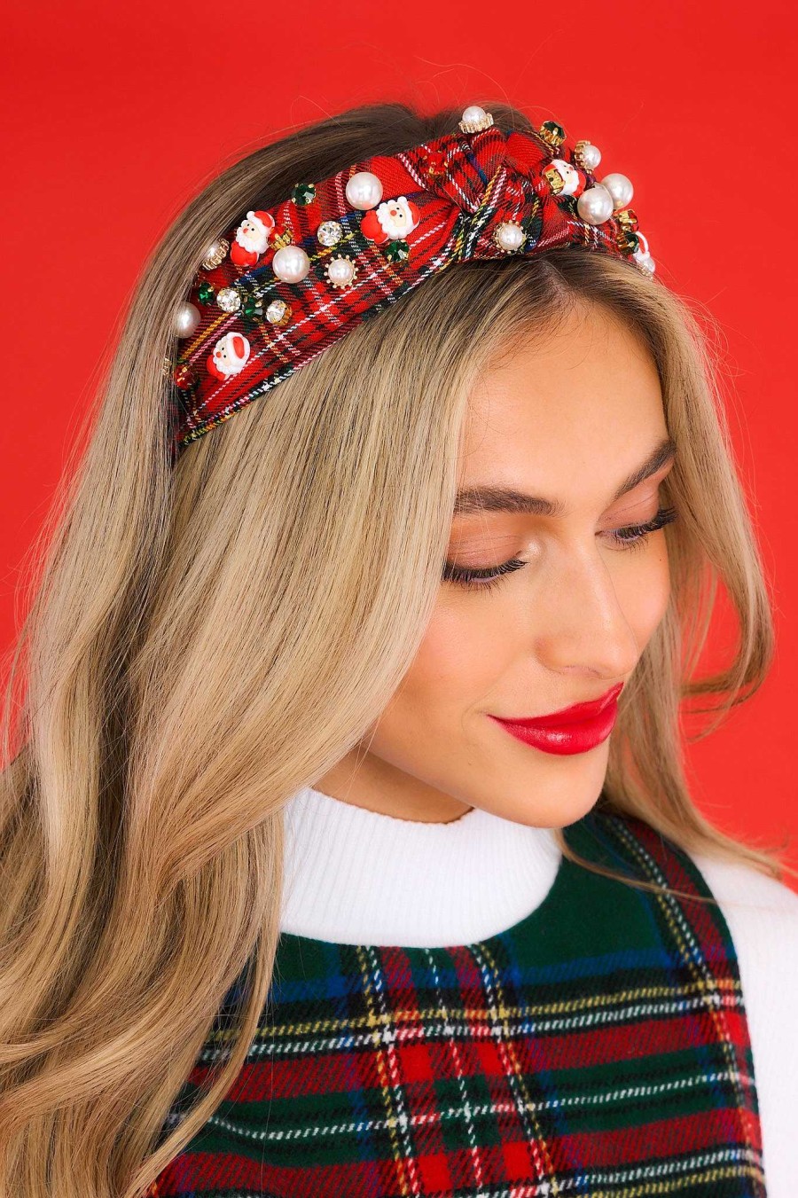 Accessories Red Dress Hair Accessories | Yuletide Treasure Plaid Headband Red