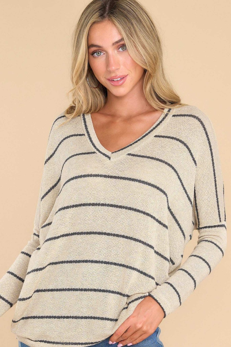 Clothing Red Dress Casual Tops | Simply Devoted Striped Sweater Taupe