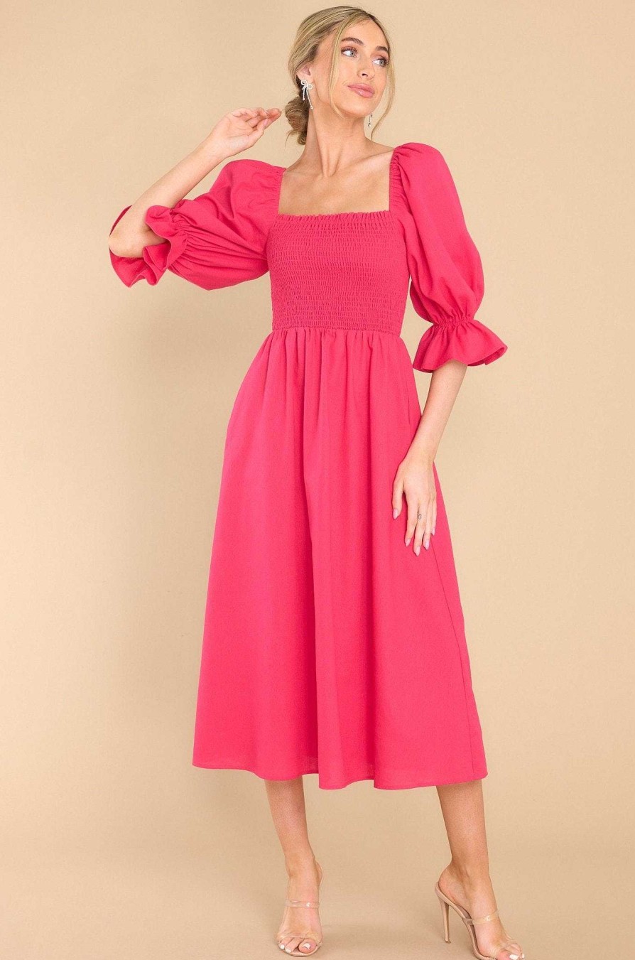Clothing Aura Midi Dresses | Enjoy The View Lipstick Midi Dress Hot Pink