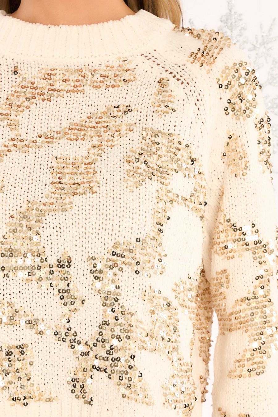 Clothing Red Dress Casual Tops | Stay Classy Ivory And Sequin Sweater Gold
