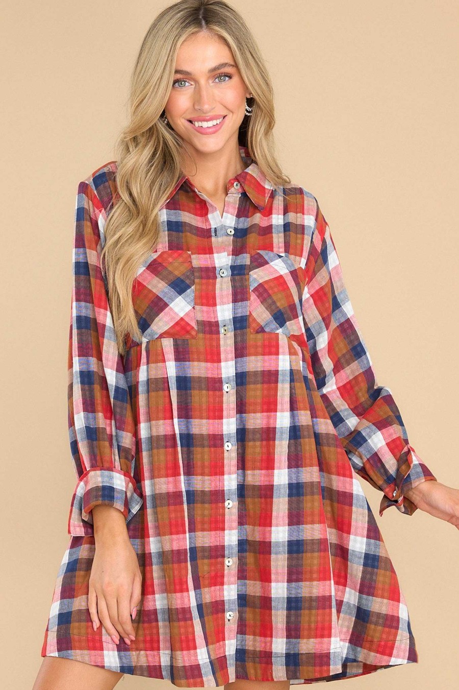 Clothing Aura Mini Dresses | Gliding By Multi Plaid Dress Red