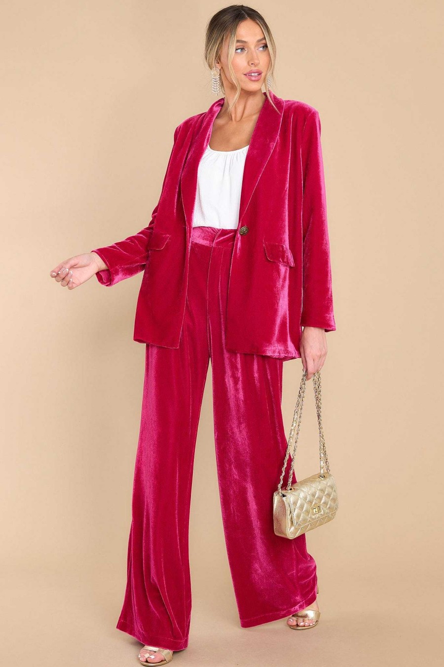 Clothing Aura Two Piece Sets | Boss Babe Velvet Blazer Hot Pink