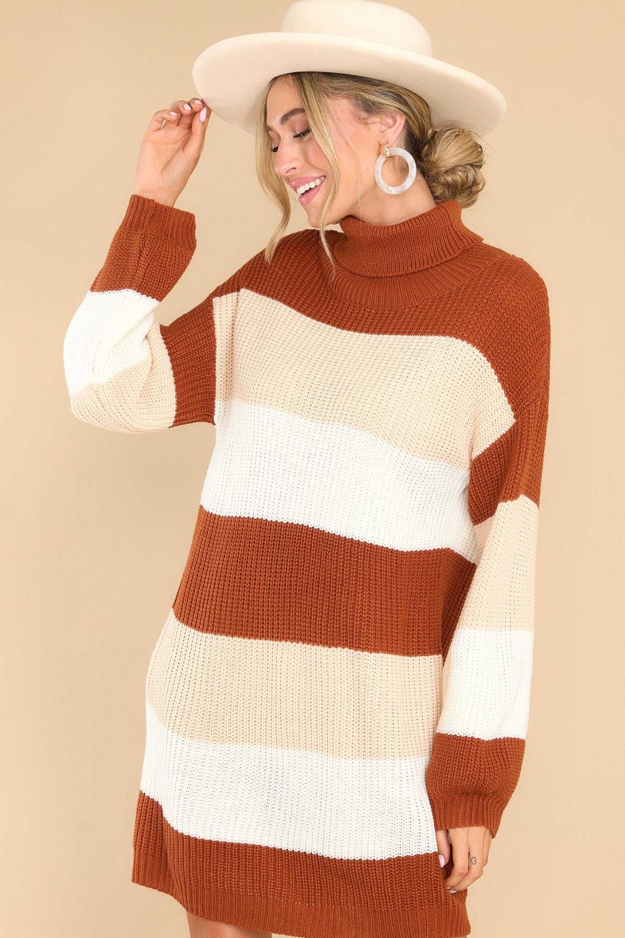 Clothing Red Dress Long Sleeve Dresses | A Cozy Dream Multi Stripe Sweater Dress Brown