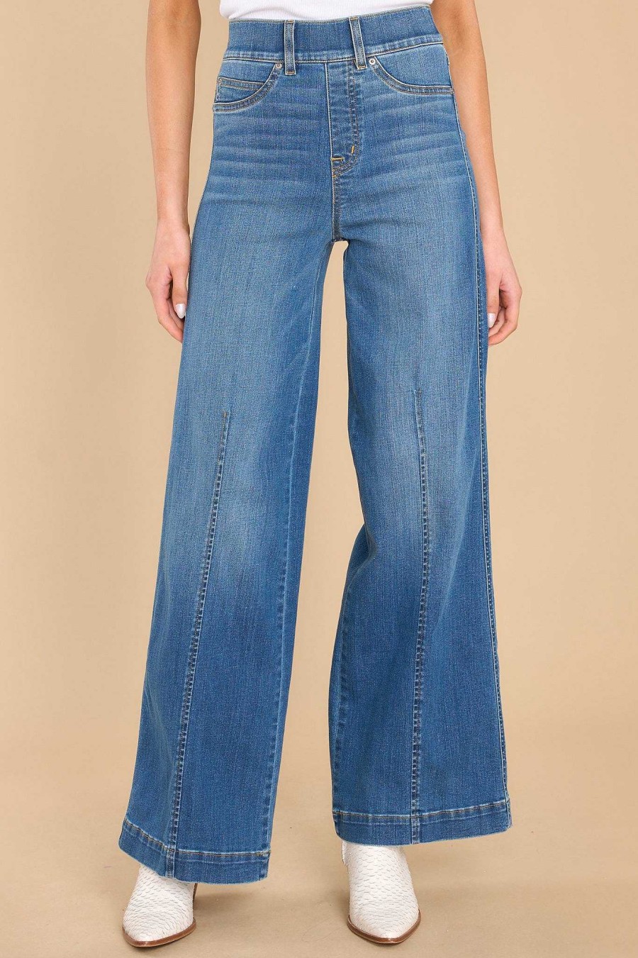 Clothing Spanx Clean Denim | Seamed Front Stretch Wide Leg Jeans Vintage Indigo