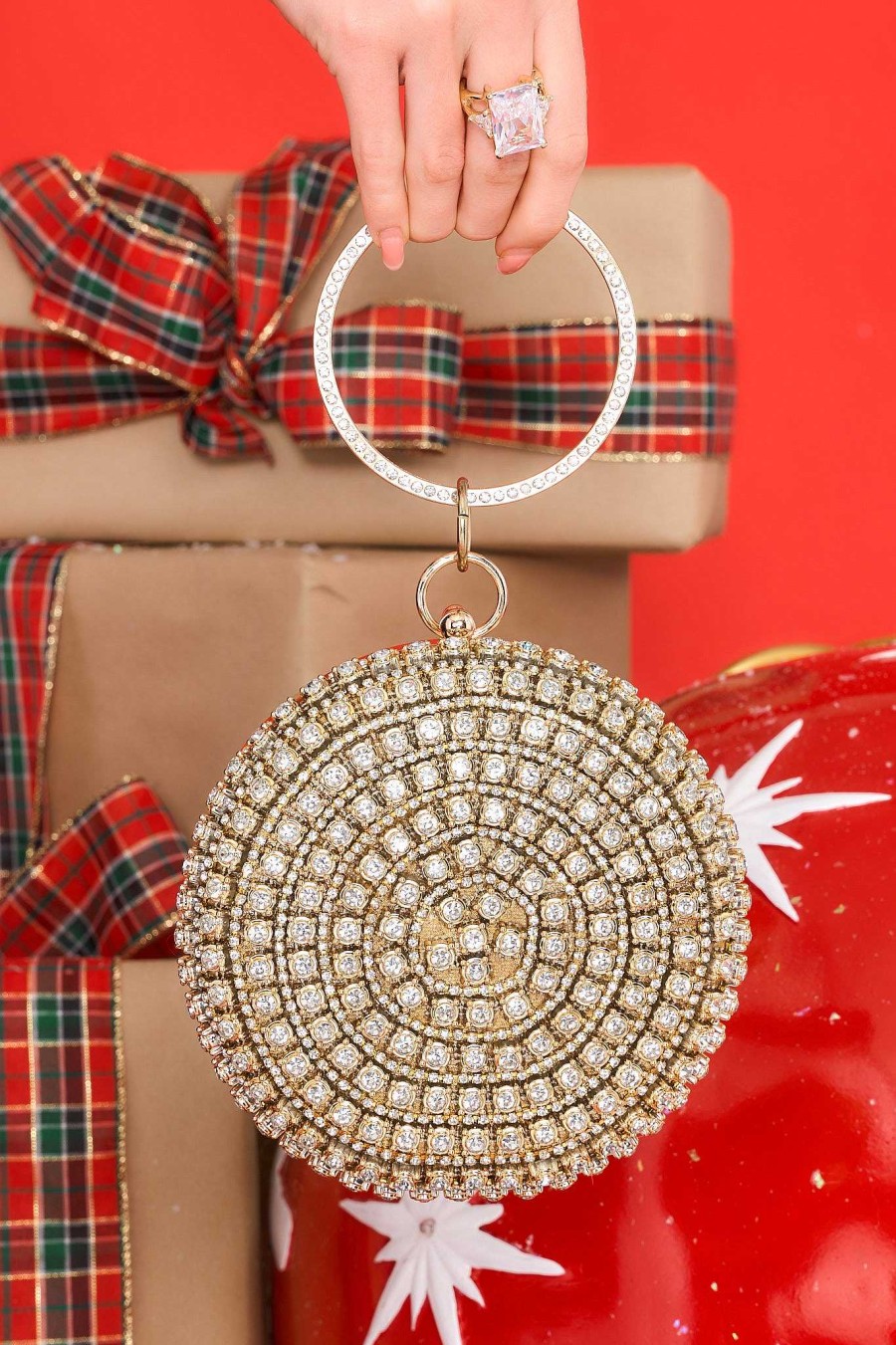 Accessories Red Dress Clutches & Pouches | Something Different Round Bag Gold