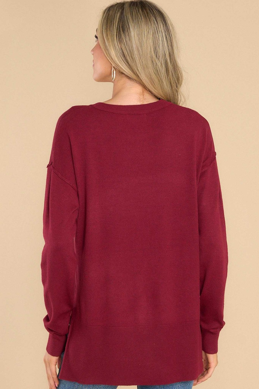 Clothing Red Dress Casual Tops | Bonfire Weekends Sweater Burgundy