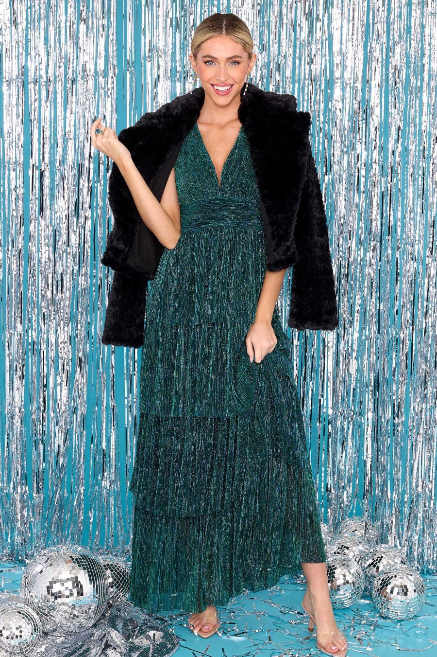 Clothing MINKPINK Maxi Dresses | Astrid Plisse Tiered Maxi Dress Emerald
