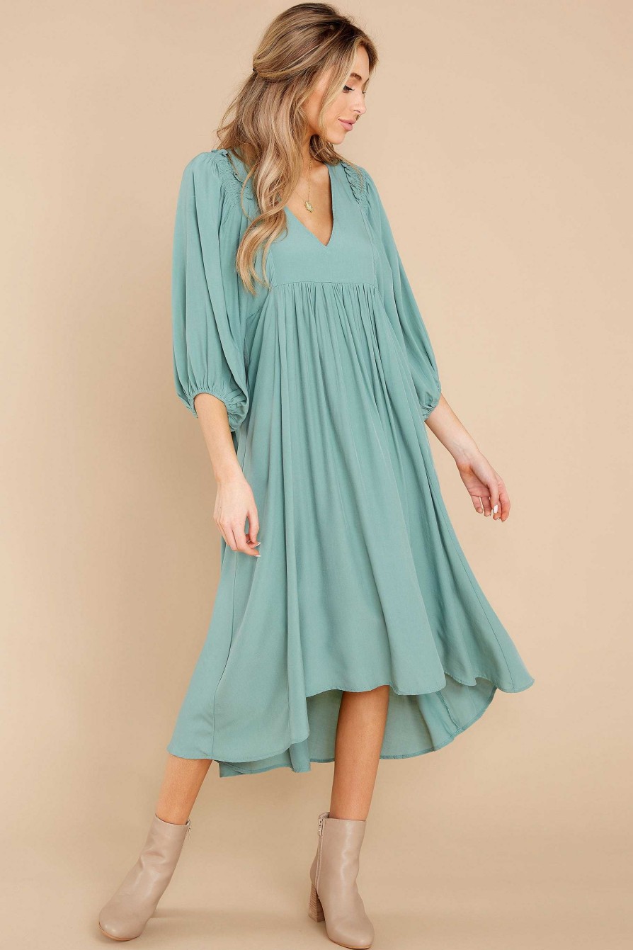 Clothing Red Dress Long Sleeve Dresses | Sweet Interlude High-Low Dress Sage