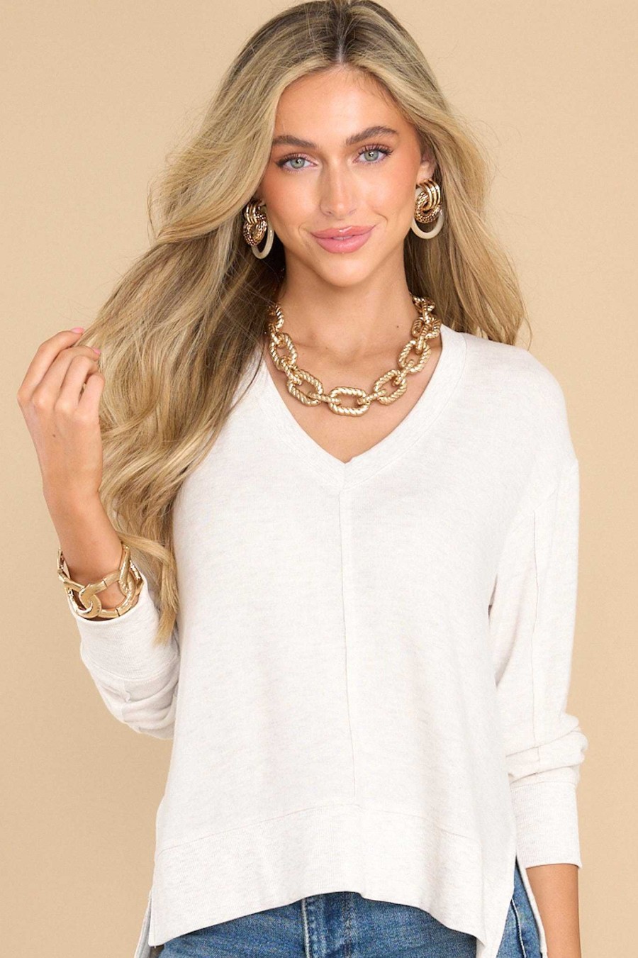 Clothing Z Supply Casual Tops | Wilder Cloud Light V-Neck Long Sleeve Top Oatmeal