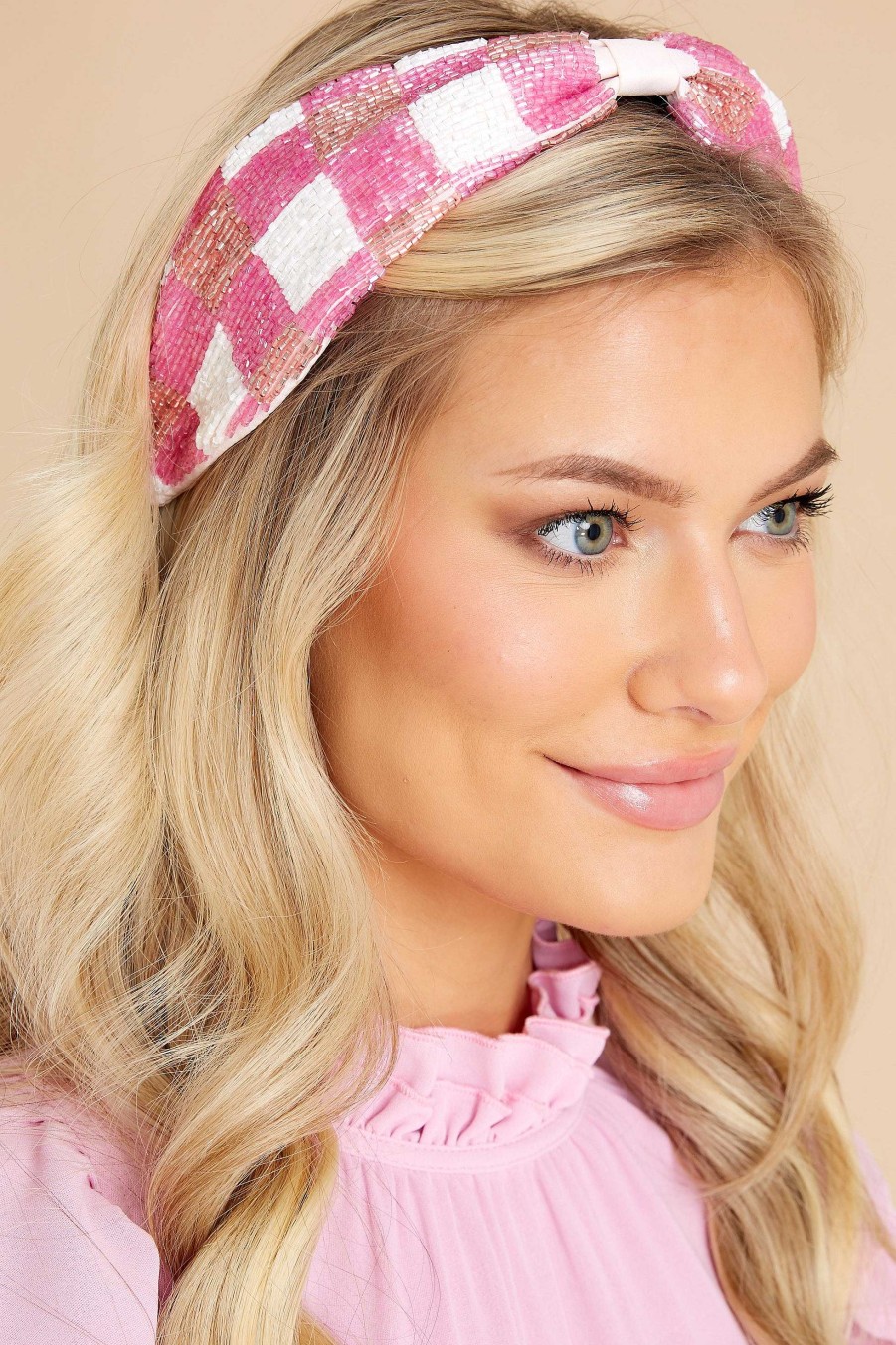 Accessories Treasure Jewels Hair Accessories | Plaid Beaded Headband Pink