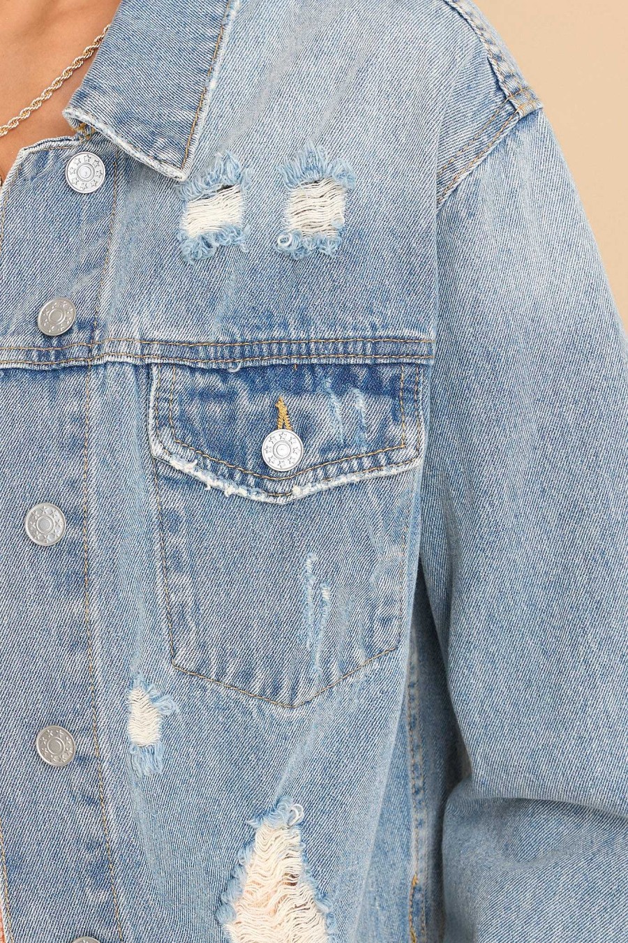 Clothing Red Dress Distressed Denim | Daring In This Distressed Denim Jacket Medium Wash