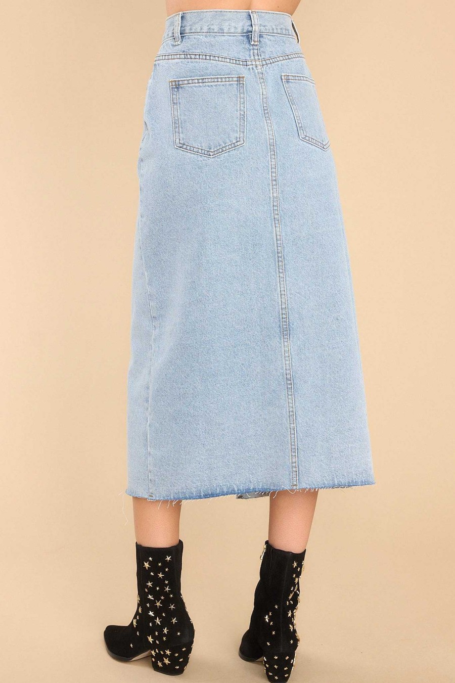 Clothing Red Dress Distressed Denim | Confident Strides Midi Skirt Light Denim