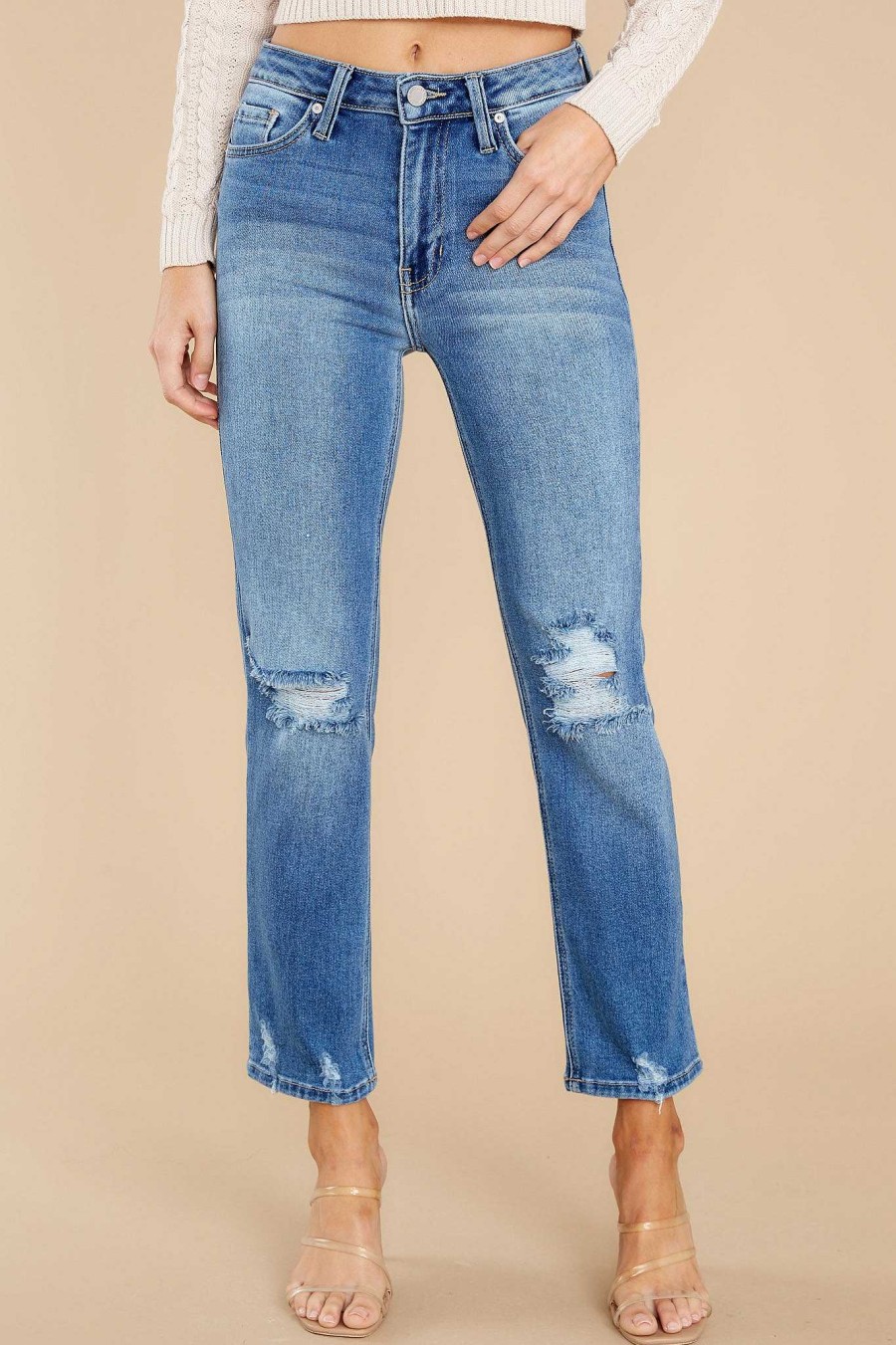 Clothing Just Black Straight Leg | Your Go To Medium Wash Distressed Straight Jeans Blue