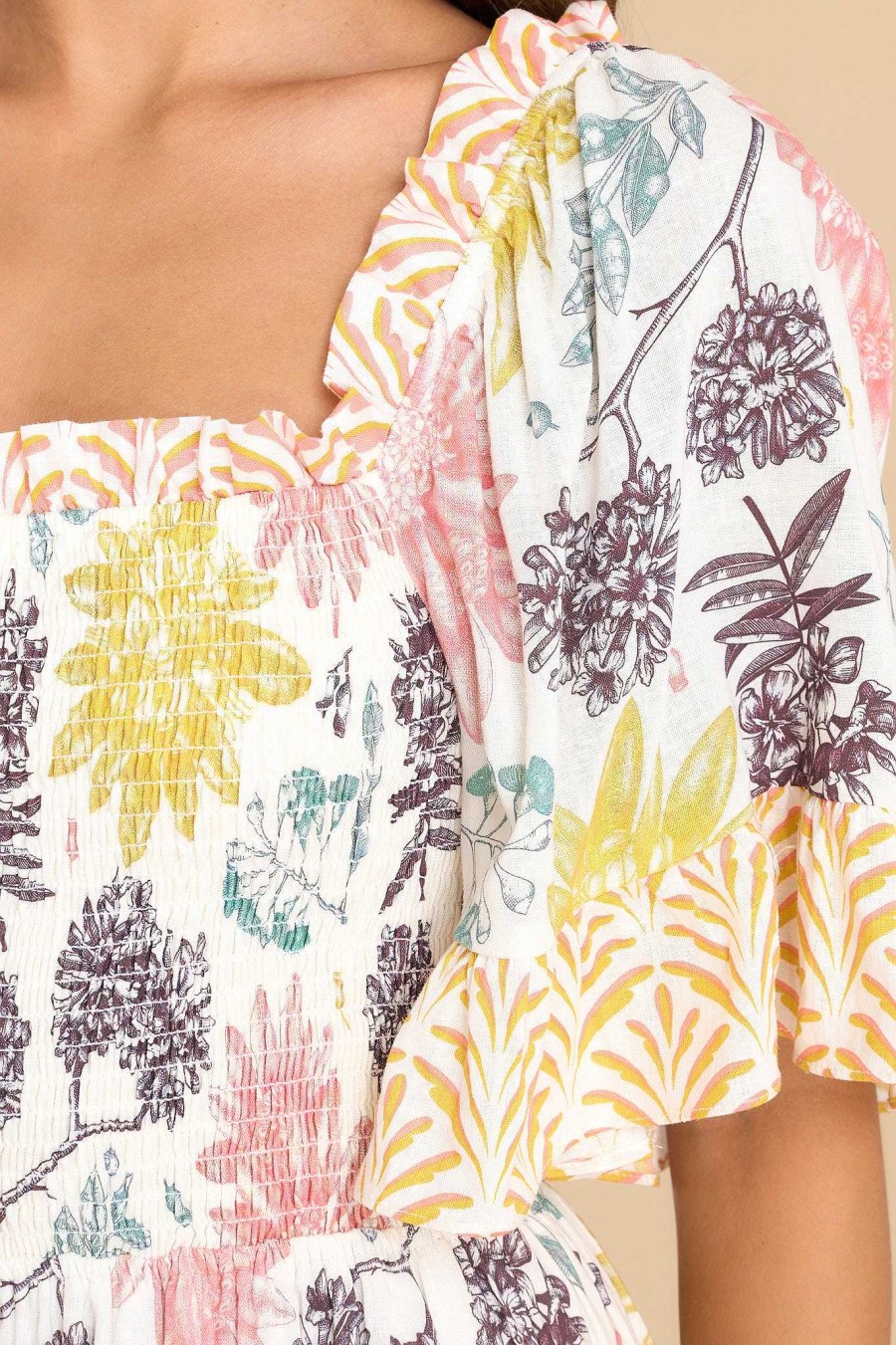 Clothing Aura Maxi Dresses | Stay Awhile Floral Print Maxi Dress Ivory