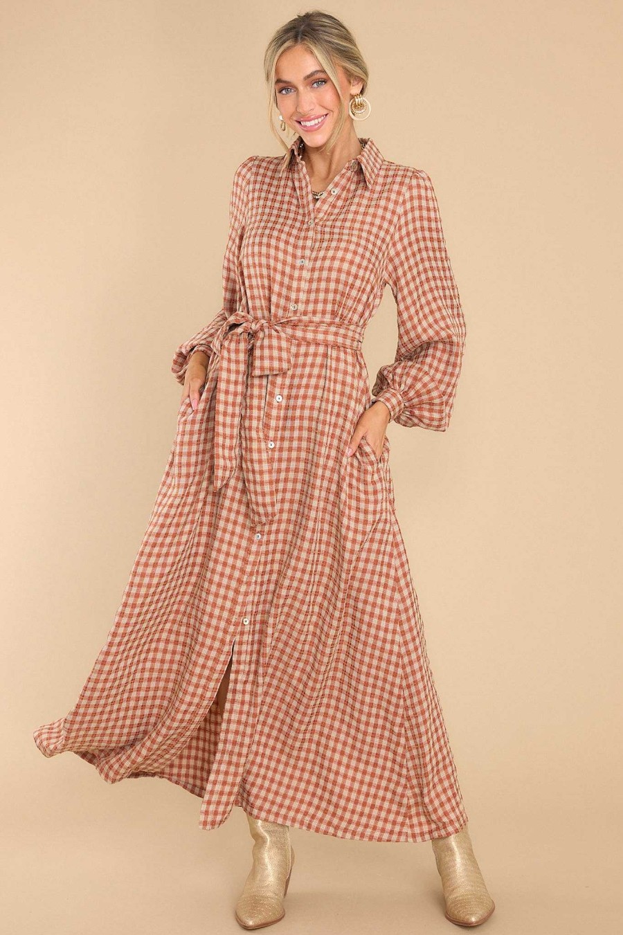 Clothing Aura Maxi Dresses | Rustic Elegance Plaid Maxi Dress Brick