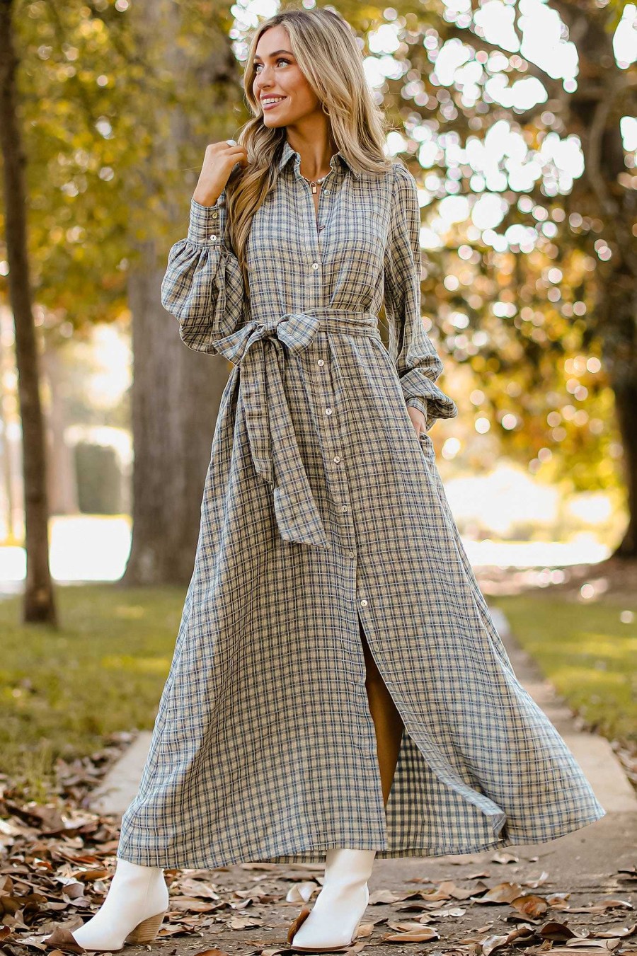 Clothing Aura Maxi Dresses | Rustic Elegance Plaid Maxi Dress Ash Blue