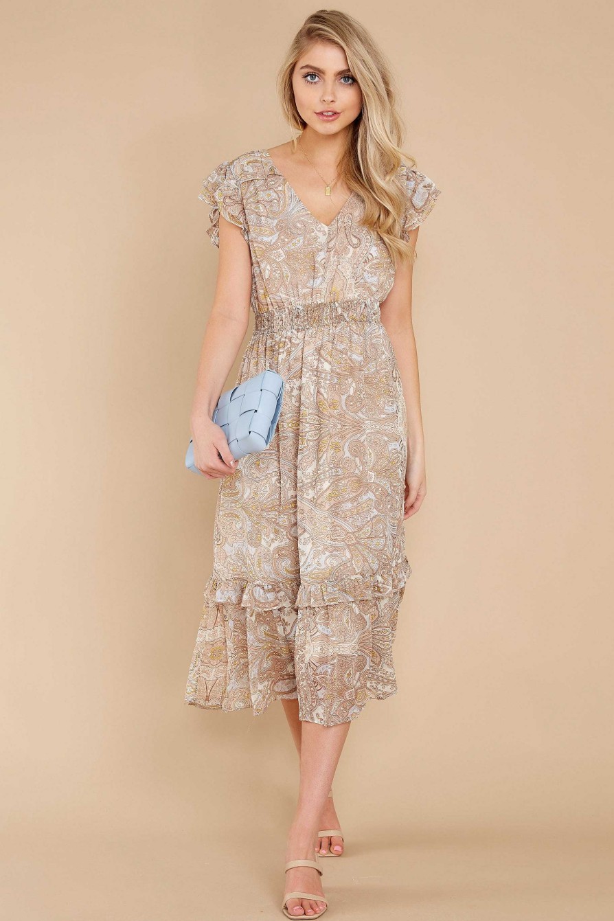 Clothing Red Dress Midi Dresses | Trail'S End Paisley Print Midi Dress Beige