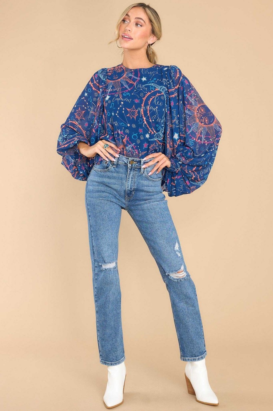 Clothing Aura Blouses & Shirts | To The Moon And Back Multi Print Top Navy