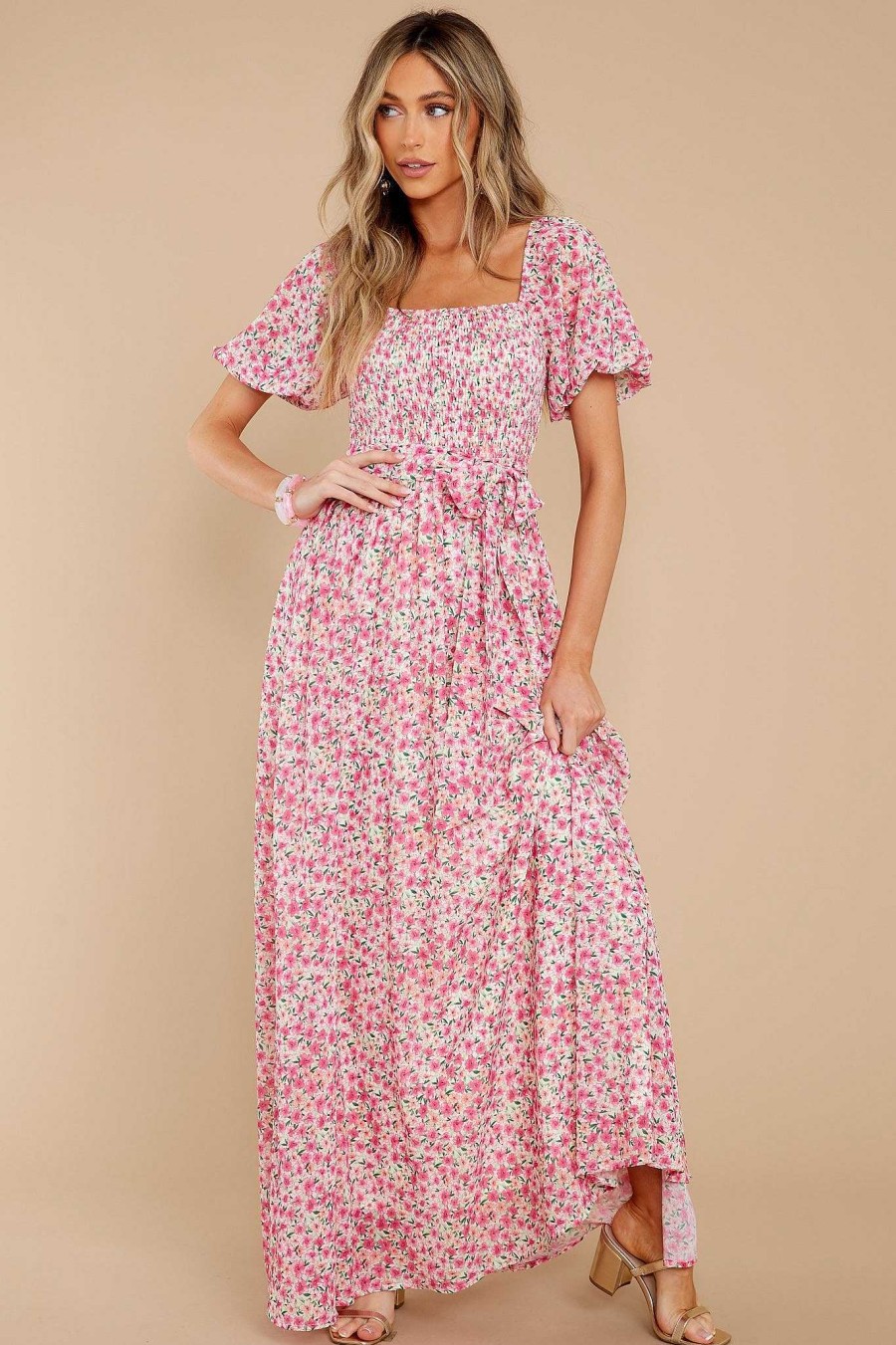 Clothing Aura Maxi Dresses | Showers Of Roses Floral Print Maxi Dress Pink