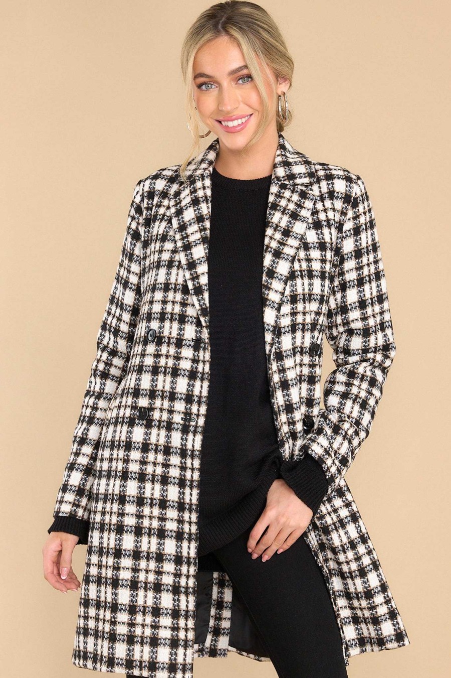 Clothing Aura Coats | Classically Chic And White Plaid Coat Black