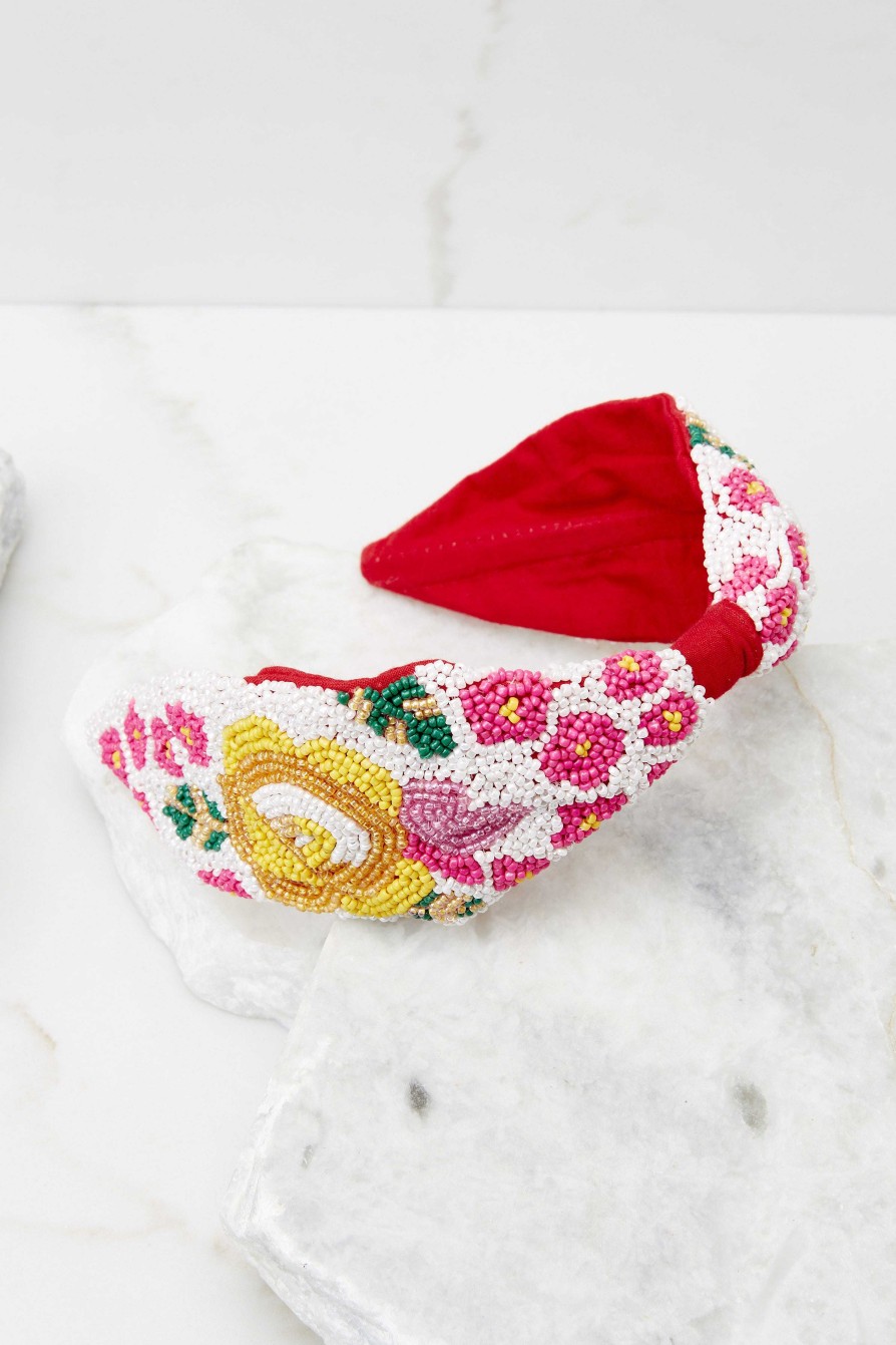 Accessories Treasure Jewels Hair Accessories | Floral Garden And Pink Multi Beaded Headband White
