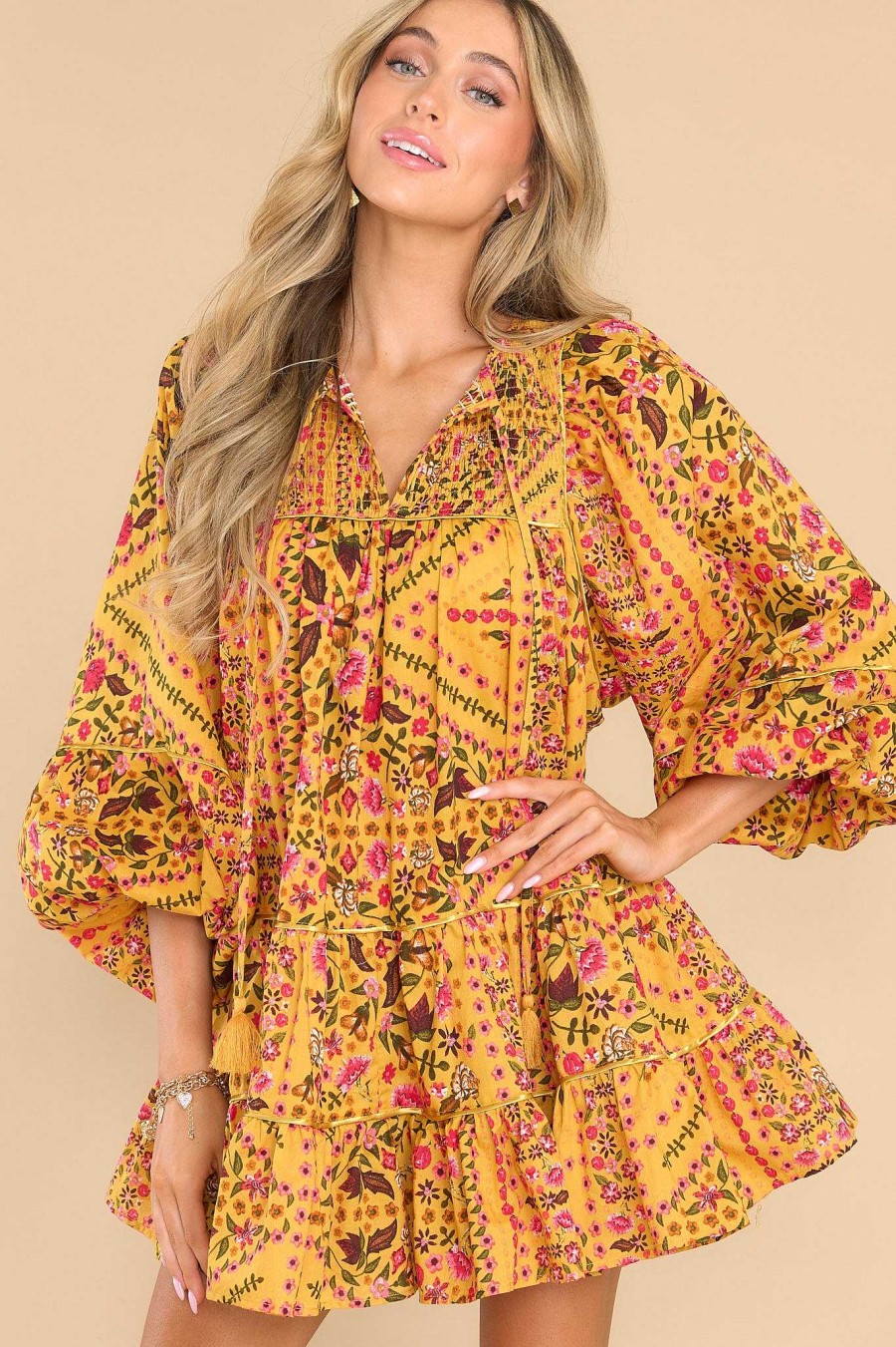 Clothing Red Dress Mini Dresses | You'Re My Favorite Floral Dress Mustard
