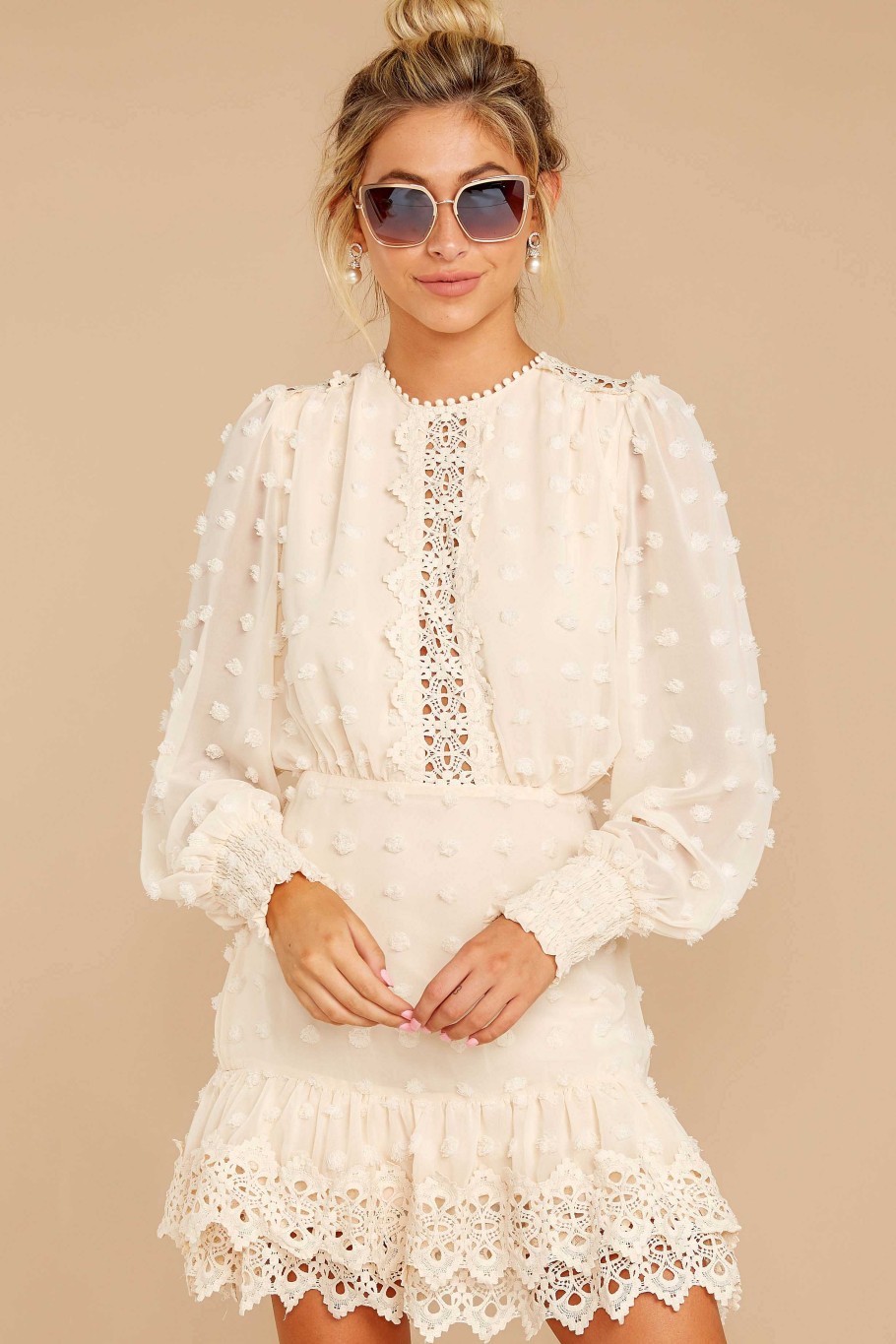 Clothing Just Me Long Sleeve Dresses | All Dressed Up Lace Dress Cream