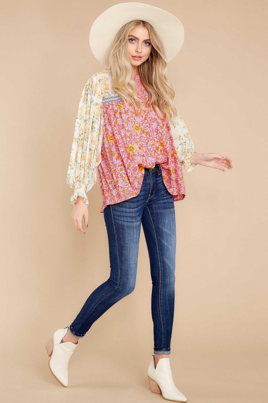 Clothing Red Dress Floral Dresses | Stylish Edge Hot And Sage Floral Print Top Pink