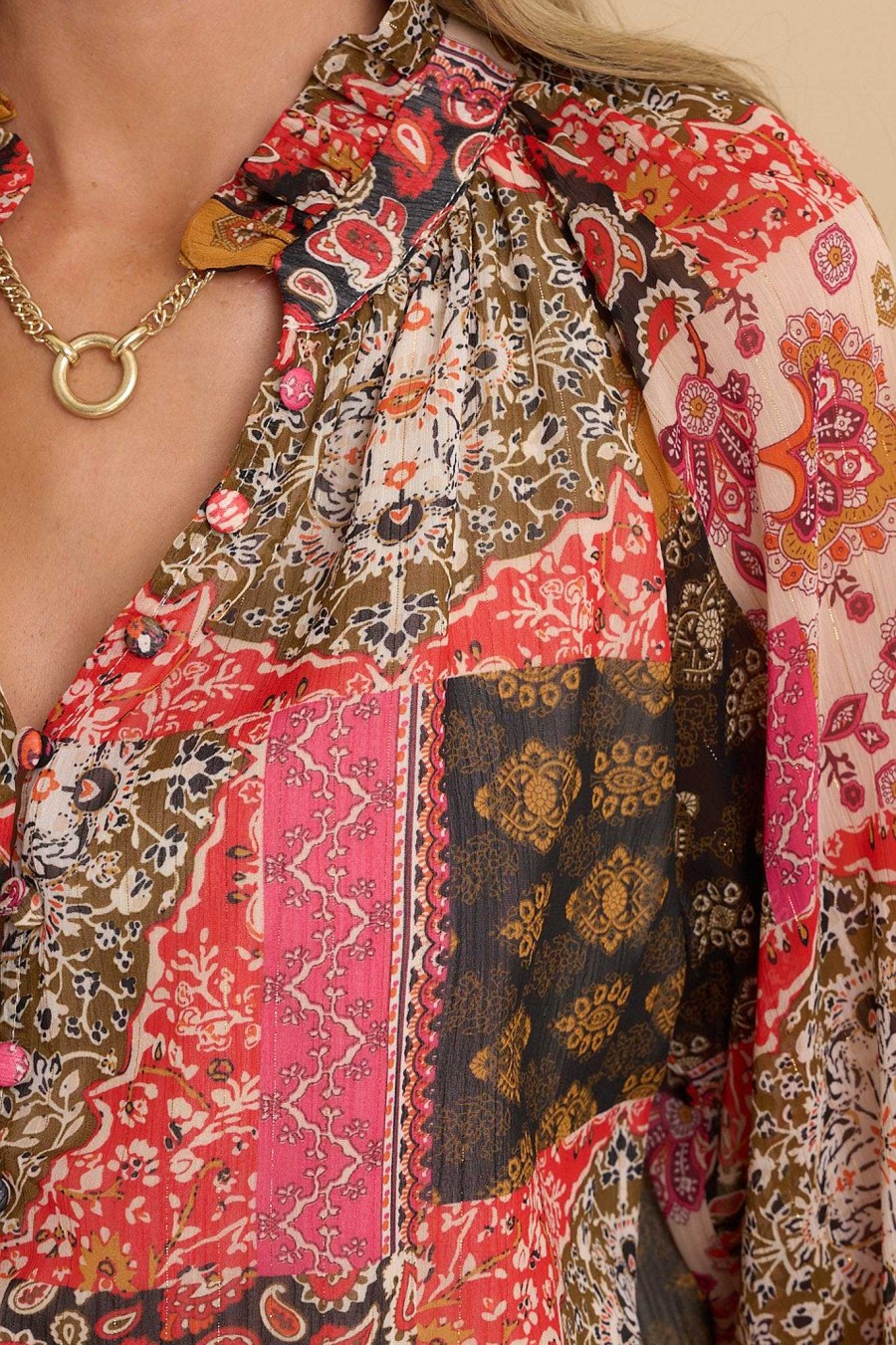 Clothing Red Dress Blouses & Shirts | And She'S Off Patchwork Top Rust
