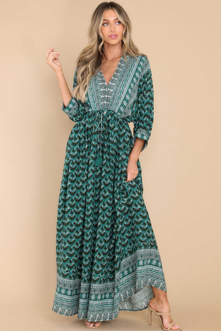 Clothing Red Dress Long Sleeve Dresses | New Perspective Multi Print Maxi Dress Emerald