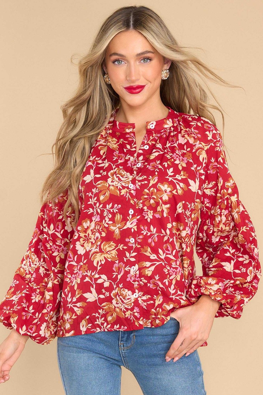 Clothing Olivia James The Label Blouses & Shirts | Emory Lodge Floral Top Red