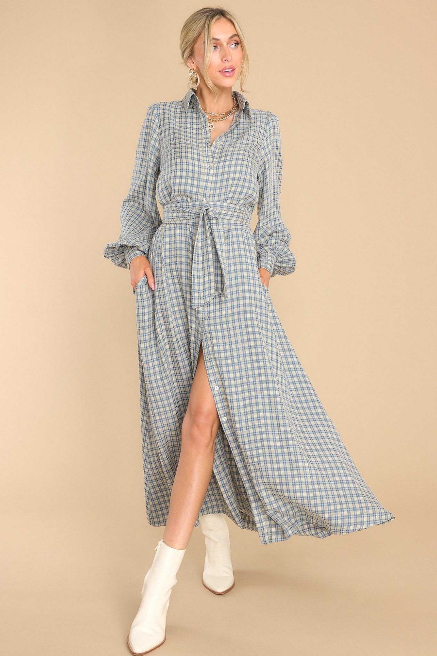 Clothing Aura Maxi Dresses | Rustic Elegance Plaid Maxi Dress Ash Blue