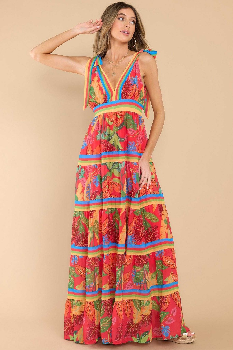 Clothing Red Dress Maxi Dresses | Flow Like Leaves Print Maxi Dress Red