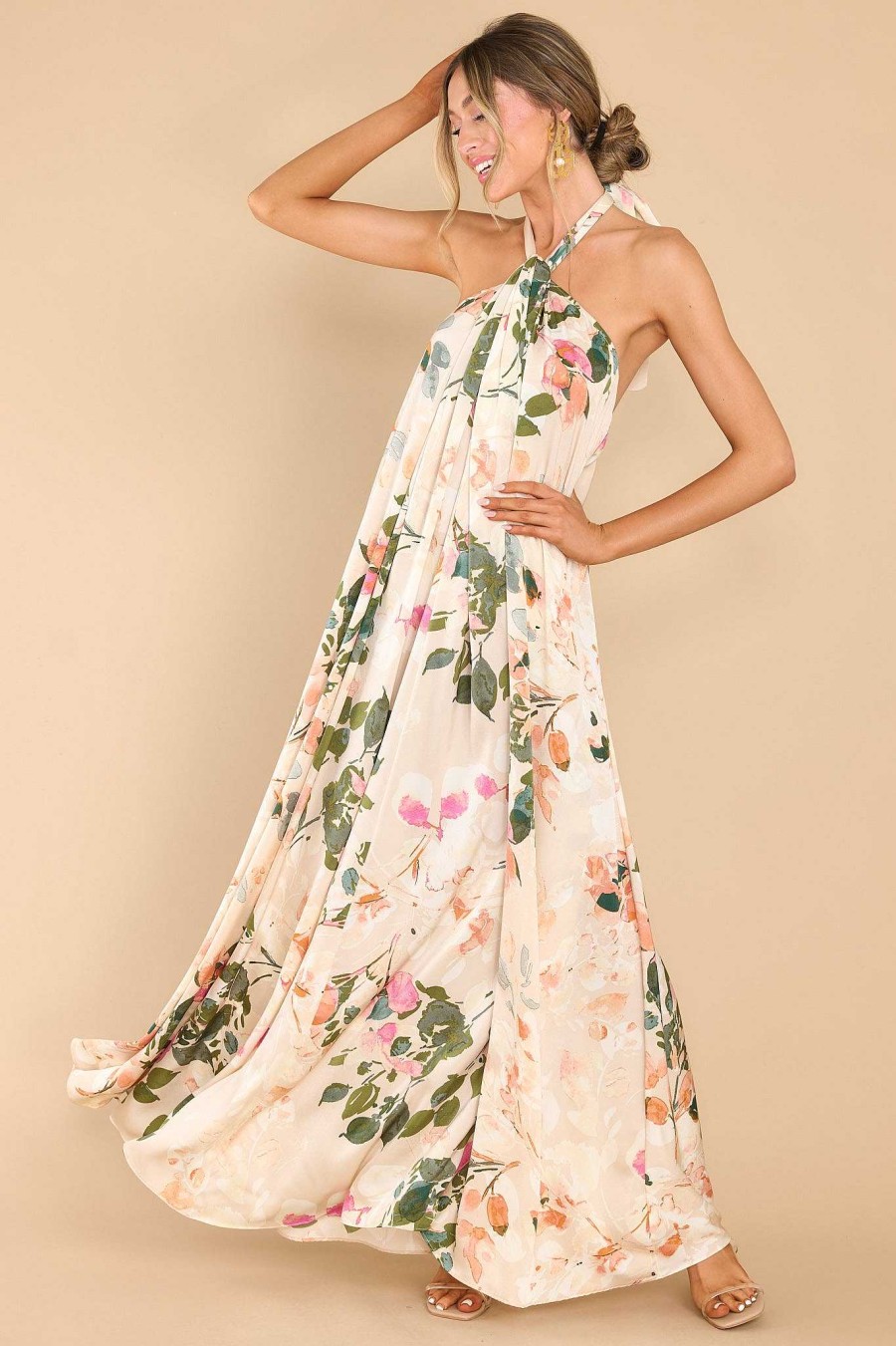 Clothing Red Dress Maxi Dresses | Dainty Love Floral Print Maxi Dress Tan