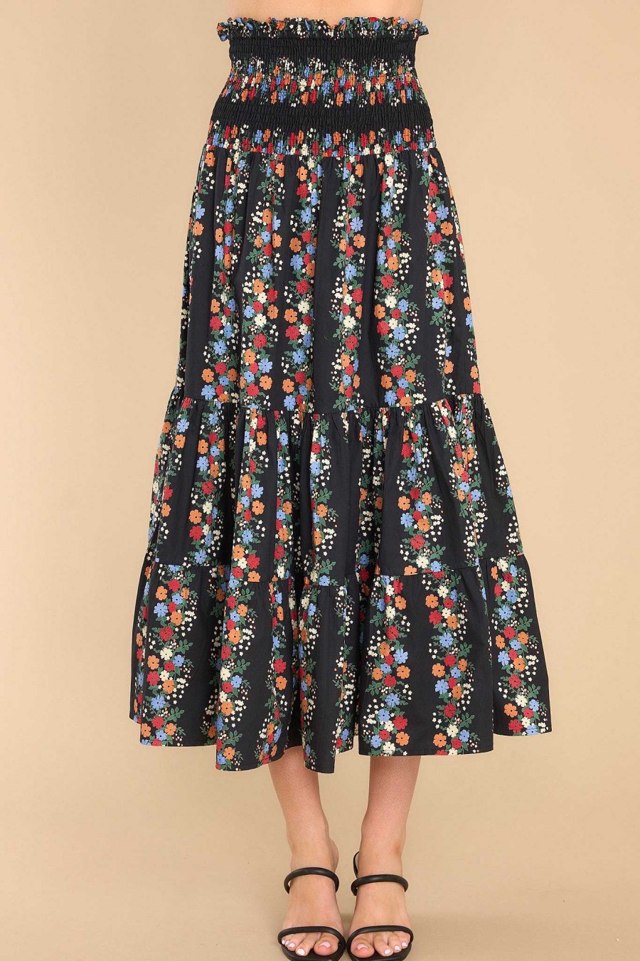 Clothing Olivia James The Label Midi Dresses | Izzy Alpine Stripe Floral Skirt Dress Black