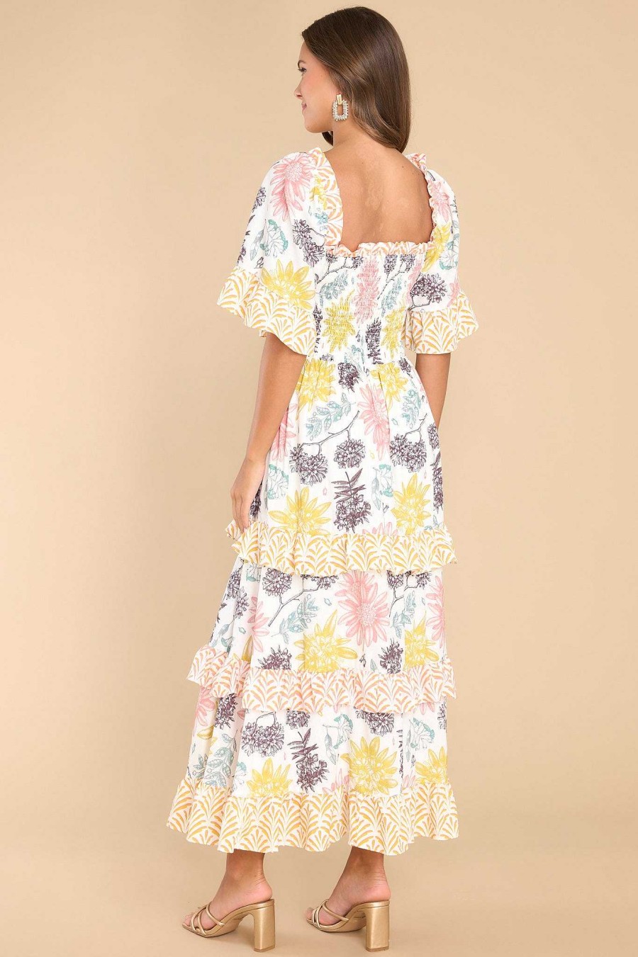 Clothing Aura Maxi Dresses | Stay Awhile Floral Print Maxi Dress Ivory