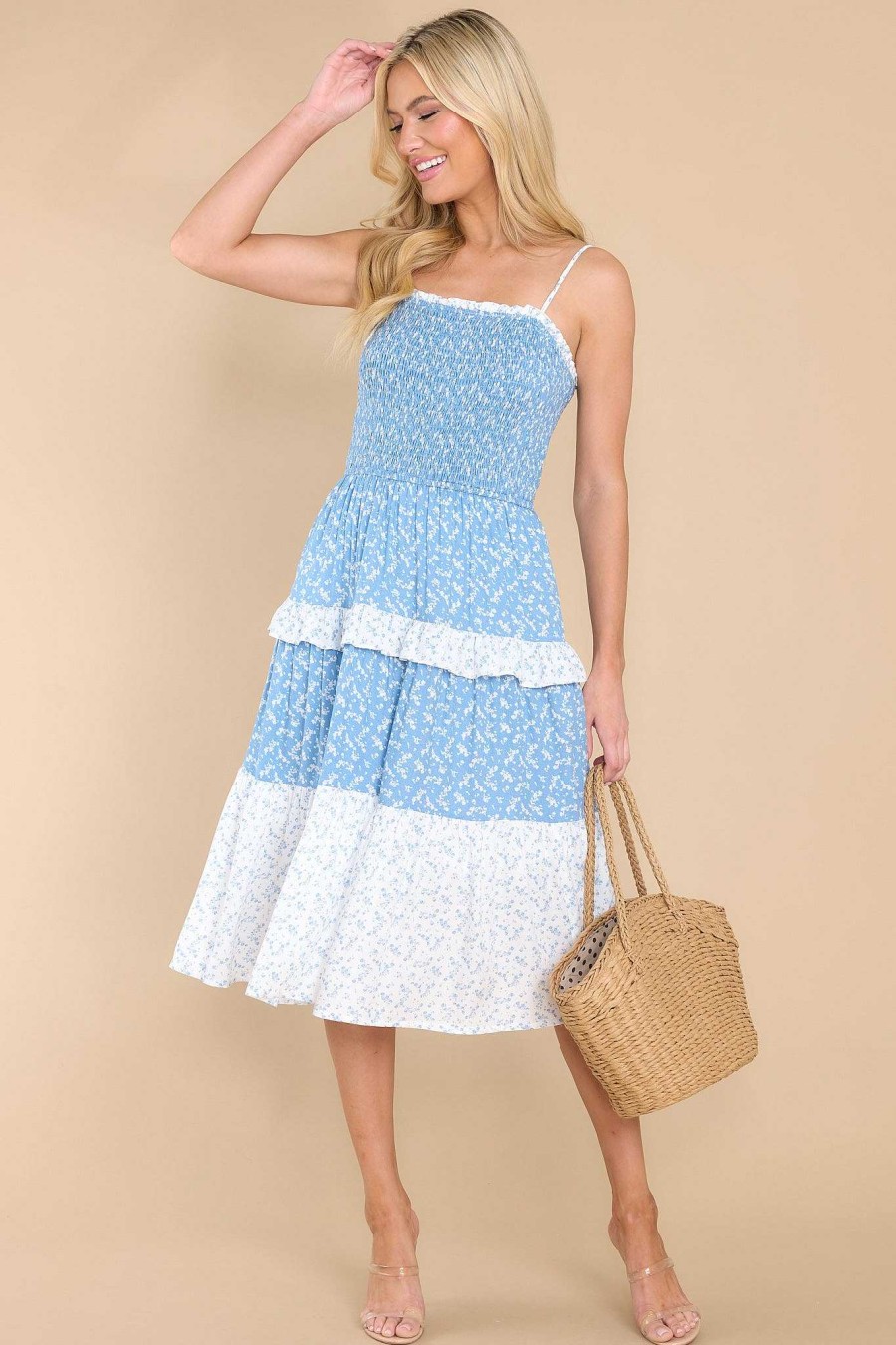 Clothing Red Dress Midi Dresses | Deep Roots Multi Floral Print Midi Dress Blue