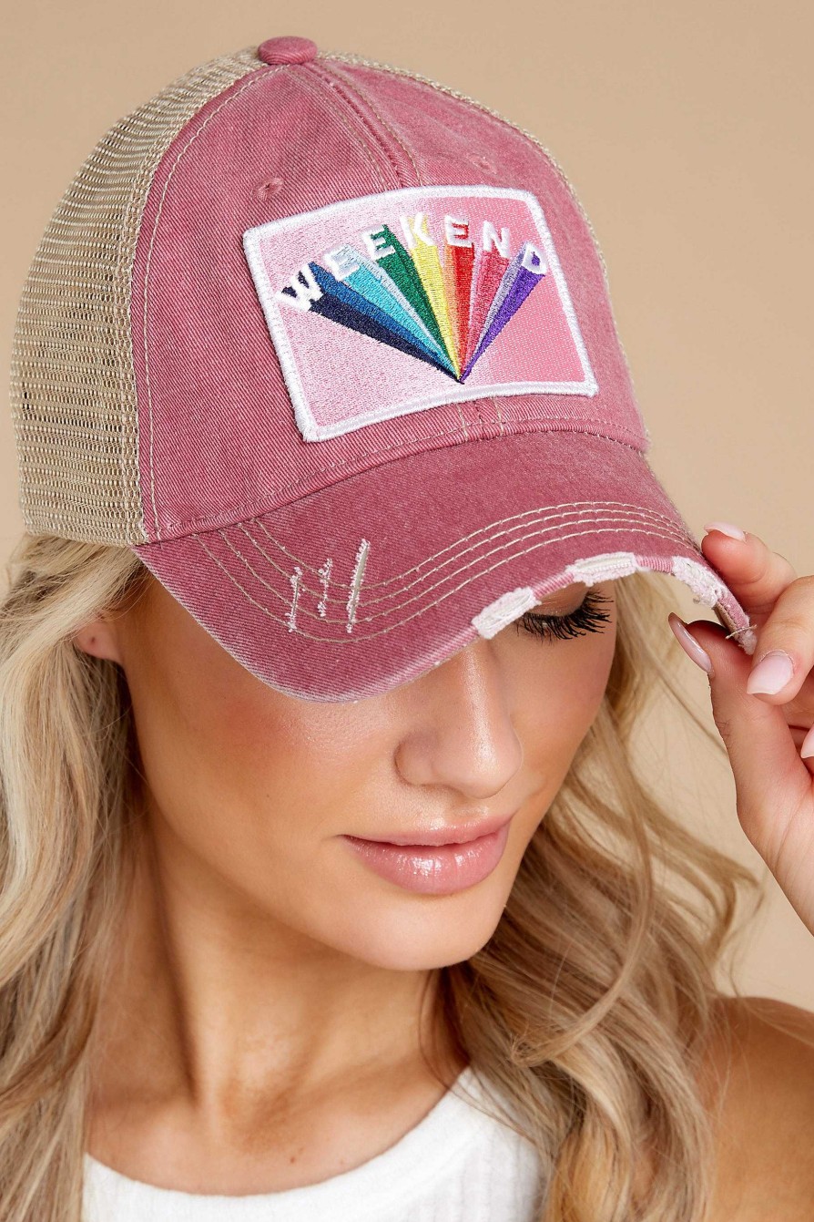 Accessories Red Dress Hats | Rainbows And Weekends Distressed Cap Pink