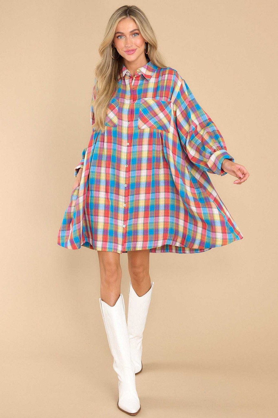 Clothing Aura Mini Dresses | Gliding By Multi Plaid Dress Blue