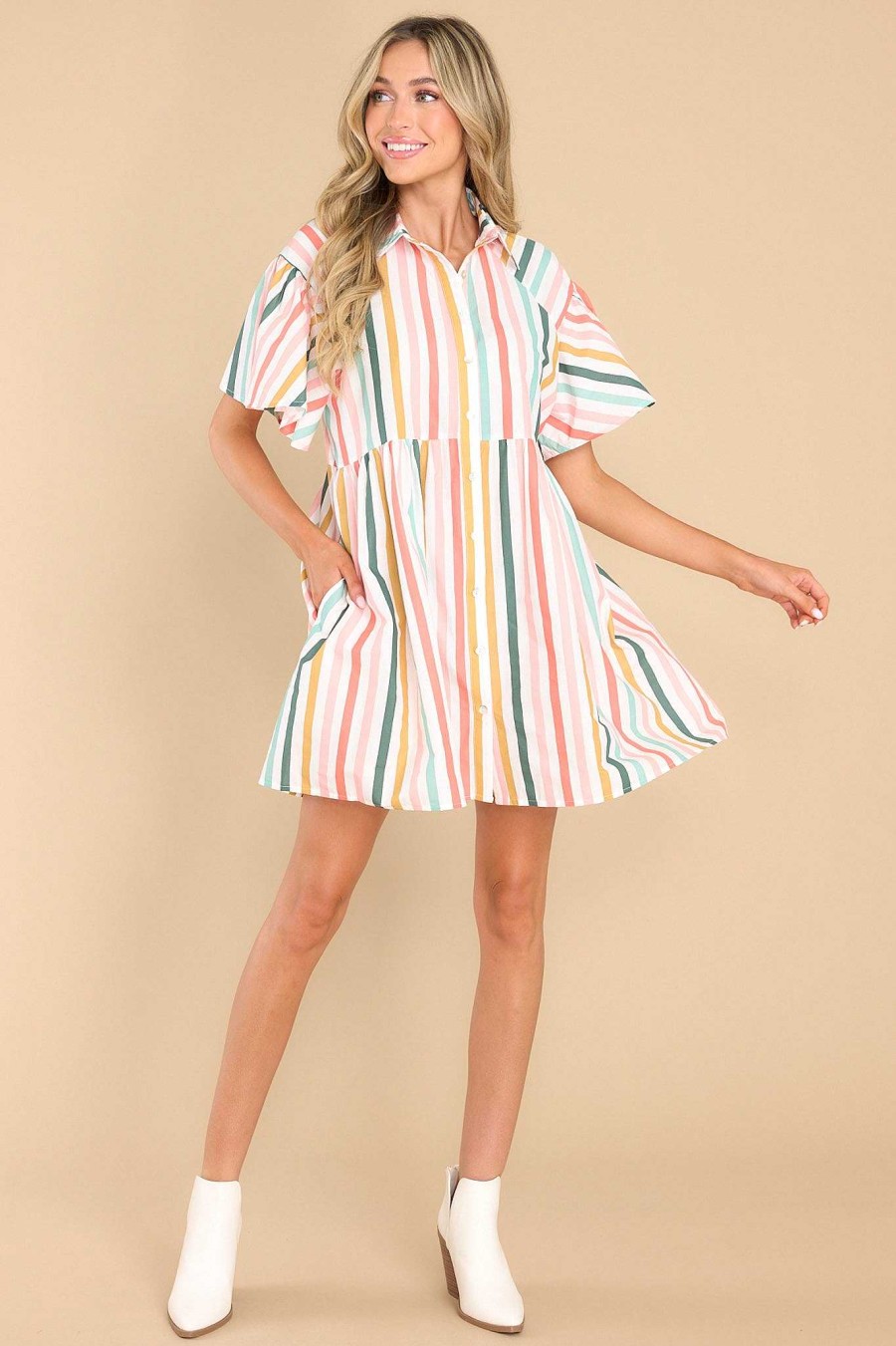 Clothing Aura Mini Dresses | In The Clouds Multi Stripe Dress Desert Sage