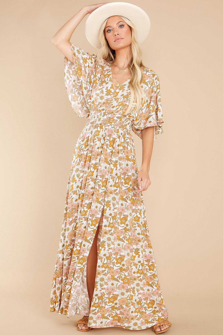 Clothing Red Dress Maxi Dresses | Charming Delicacy Floral Print Maxi Dress Ivory