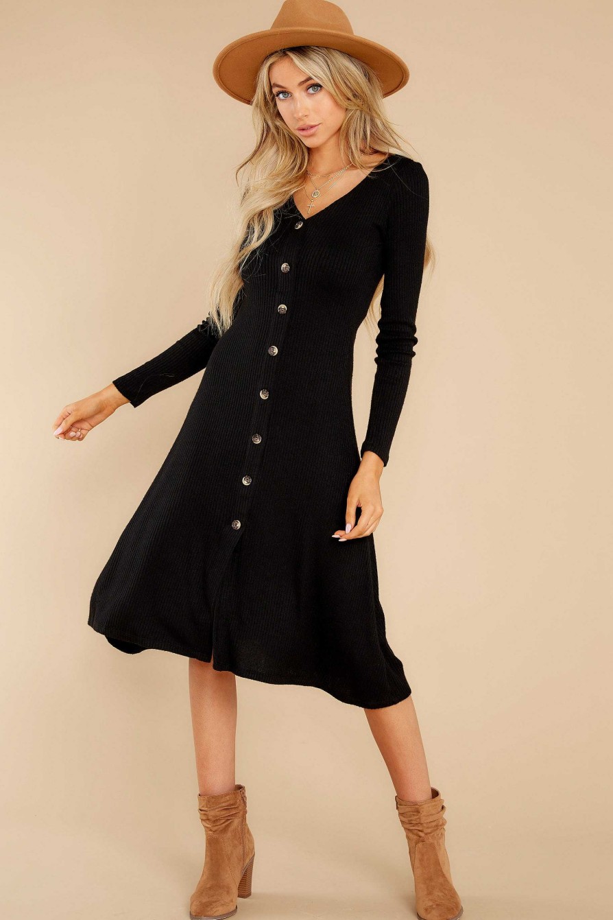 Clothing Red Dress Long Sleeve Dresses | Keep It Uptown Knit Midi Dress Black