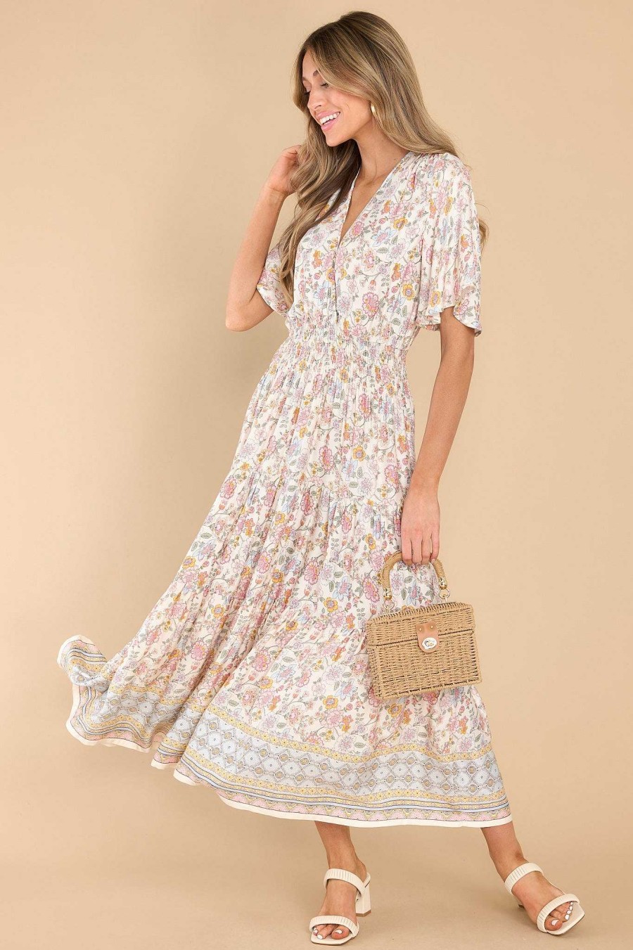 Clothing Red Dress Maxi Dresses | A Girl Can Dream Floral Print Maxi Dress Ivory