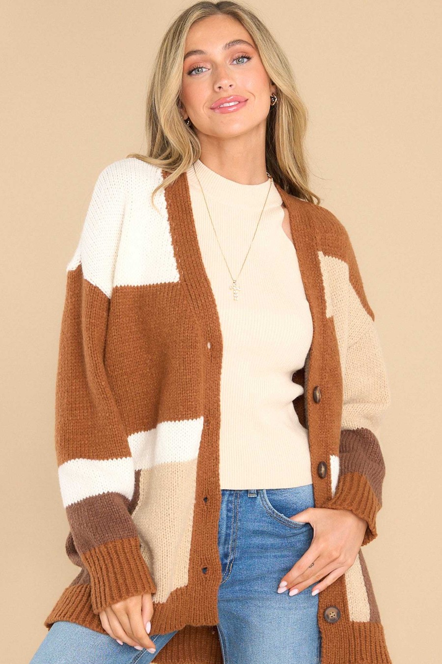 Clothing Red Dress Sweaters | Block Him Colorblock Cardigan Brown