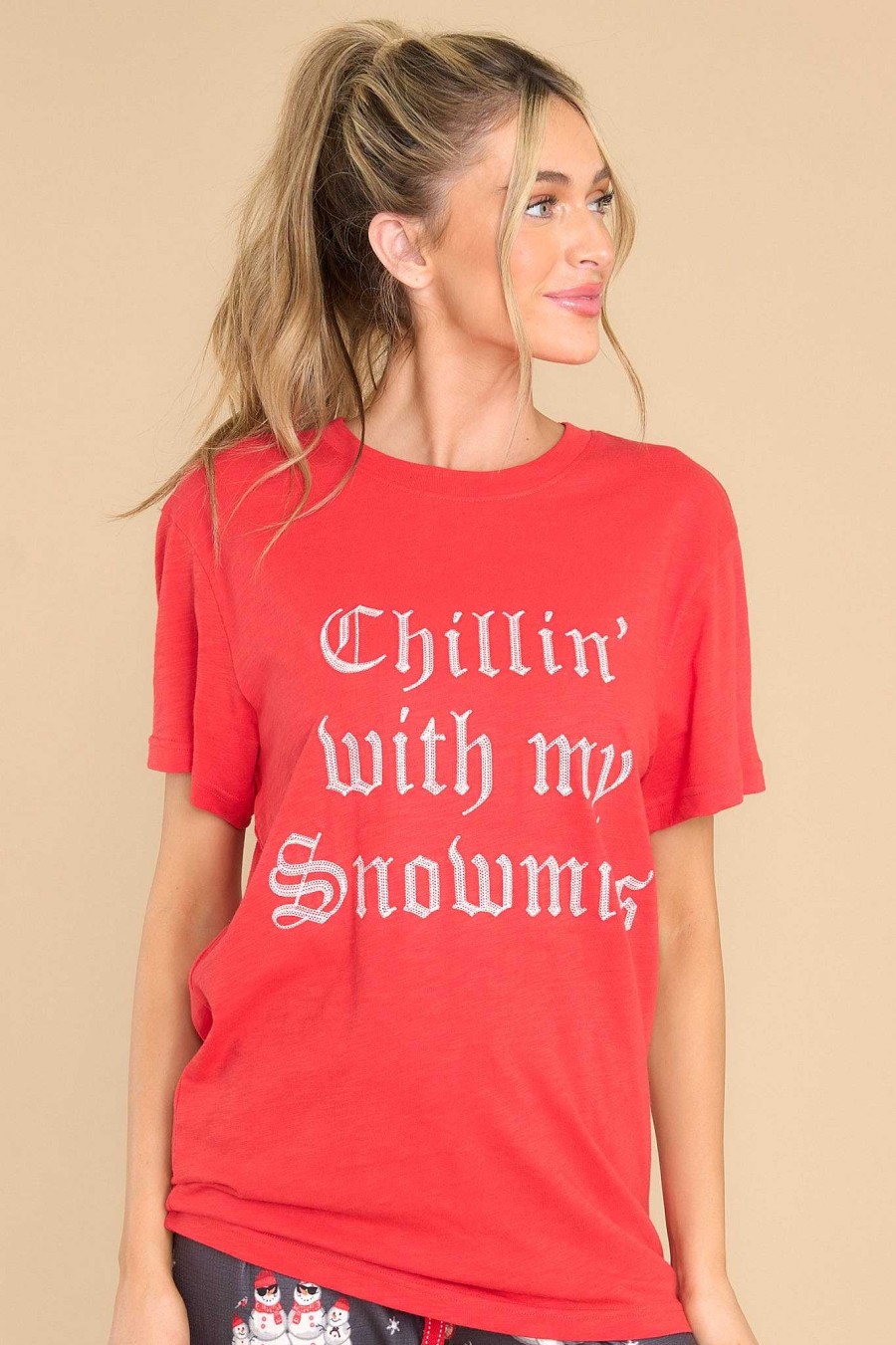 Clothing PJ Salvage Matching Sets | Chillin' With My Snowmies Lounge Tee Red