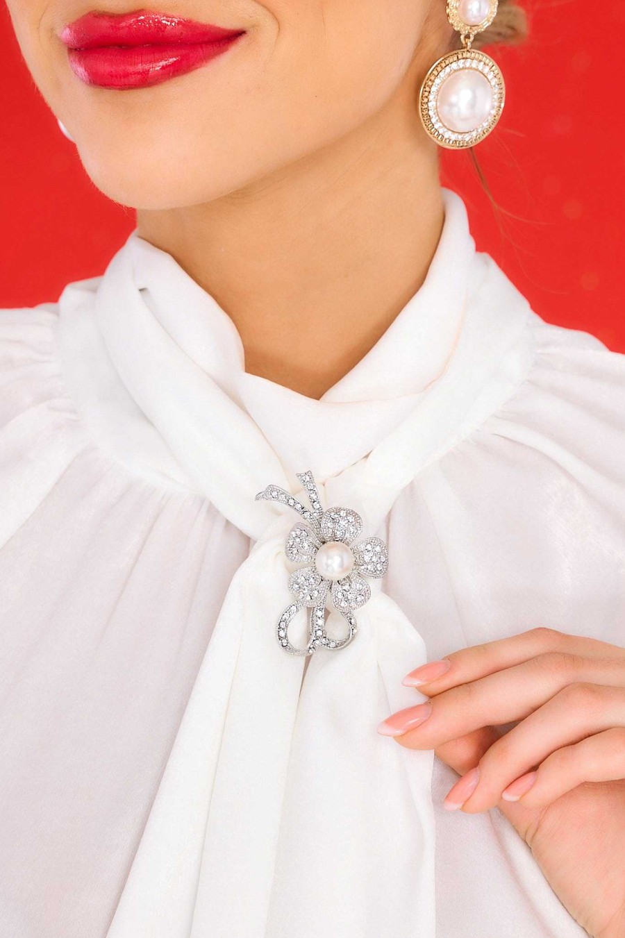 Jewelry Red Dress | Finest Flower Brooch Silver